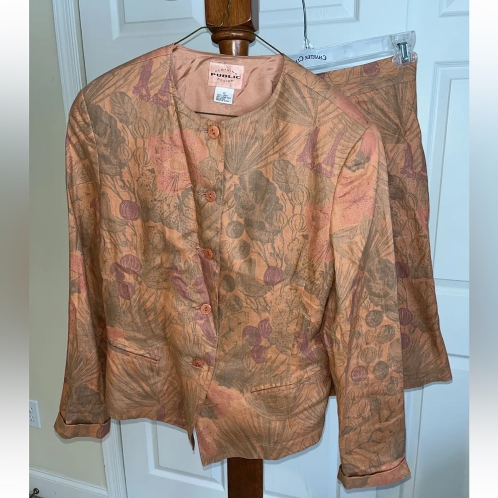 Vintage PUBLIC Clothing Design 2 Piece Skirt Suit Peach Linen Womens Size 12/10